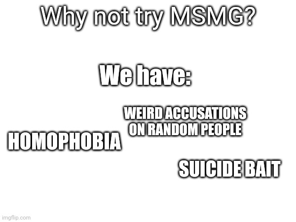 Low effort meme ? | Why not try MSMG? We have:; WEIRD ACCUSATIONS ON RANDOM PEOPLE; HOMOPHOBIA; SUICIDE BAIT | made w/ Imgflip meme maker