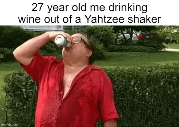 27 year old me drinking wine out of a Yahtzee shaker | made w/ Imgflip meme maker