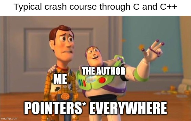 pointers* everywhere | Typical crash course through C and C++; THE AUTHOR; ME; POINTERS* EVERYWHERE | image tagged in toystory everywhere,programmers,programming,code,software,diy | made w/ Imgflip meme maker