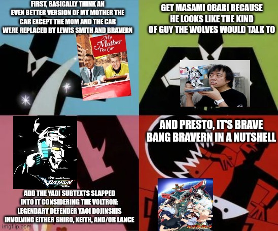 Powerpuff Girls Creation | FIRST, BASICALLY THINK AN EVEN BETTER VERSION OF MY MOTHER THE CAR EXCEPT THE MOM AND THE CAR WERE REPLACED BY LEWIS SMITH AND BRAVERN; GET MASAMI OBARI BECAUSE HE LOOKS LIKE THE KIND OF GUY THE WOLVES WOULD TALK TO; AND PRESTO, IT'S BRAVE BANG BRAVERN IN A NUTSHELL; ADD THE YAOI SUBTEXTS SLAPPED INTO IT CONSIDERING THE VOLTRON: LEGENDARY DEFENDER YAOI DOJINSHIS INVOLVING EITHER SHIRO, KEITH, AND/OR LANCE | image tagged in powerpuff girls creation,brave bang bravern,voltron | made w/ Imgflip meme maker