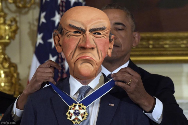 The Master Giving His Puppet the Medal Of Freedom. | image tagged in joe biden freedom award | made w/ Imgflip meme maker