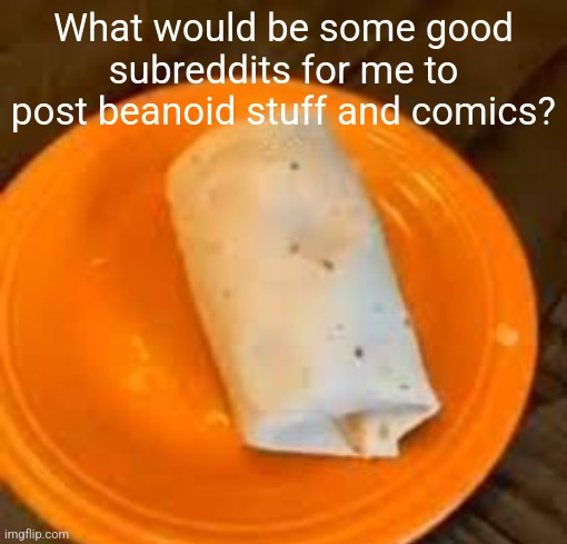 JimmyHere Burrito | What would be some good subreddits for me to post beanoid stuff and comics? | image tagged in jimmyhere burrito | made w/ Imgflip meme maker