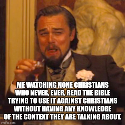 Laughing Leo Meme | ME WATCHING NONE CHRISTIANS WHO NEVER, EVER, READ THE BIBLE TRYING TO USE IT AGAINST CHRISTIANS WITHOUT HAVING ANY KNOWLEDGE OF THE CONTEXT  | image tagged in memes,laughing leo | made w/ Imgflip meme maker