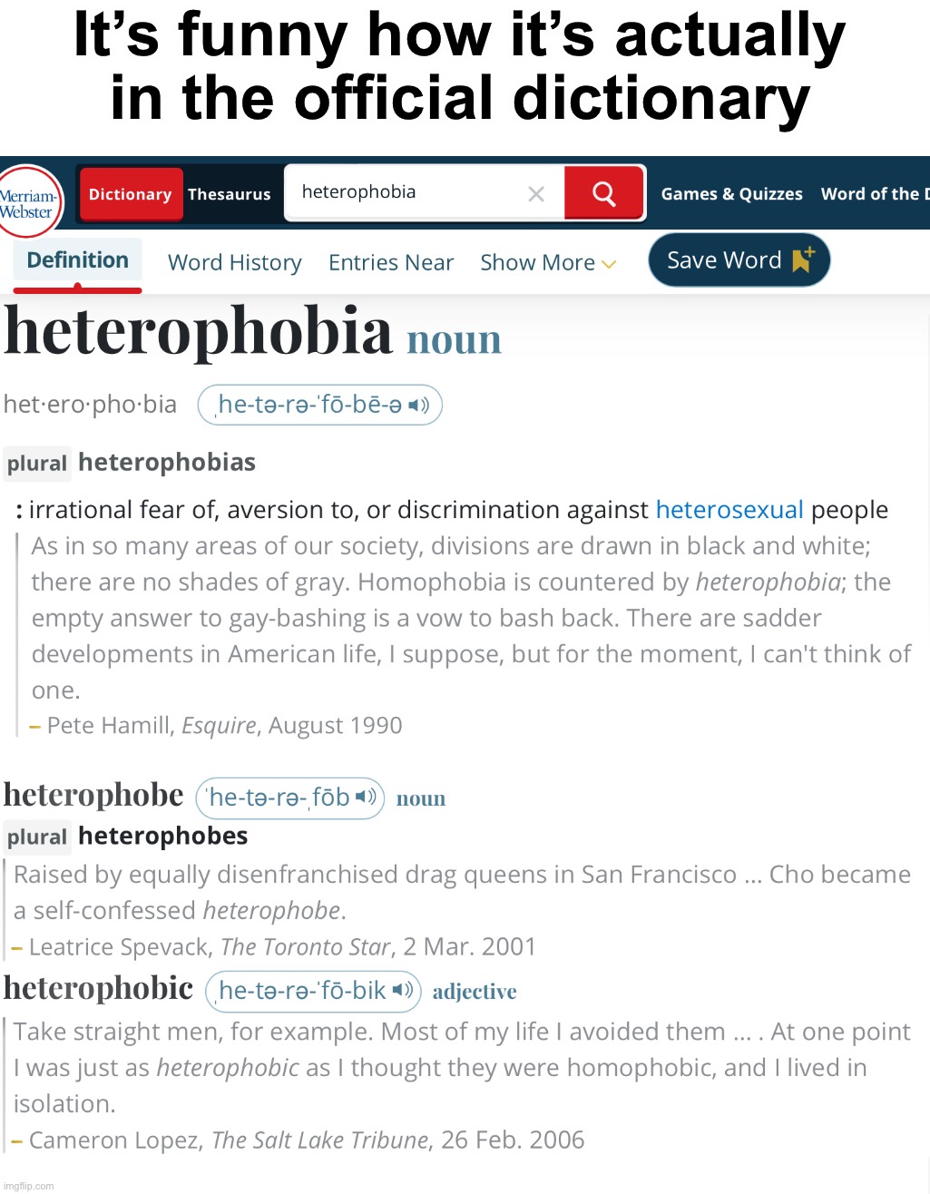 heterophobia | It’s funny how it’s actually in the official dictionary | made w/ Imgflip meme maker