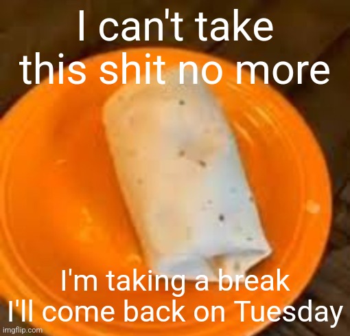 JimmyHere Burrito | I can't take this shit no more; I'm taking a break I'll come back on Tuesday | image tagged in jimmyhere burrito | made w/ Imgflip meme maker