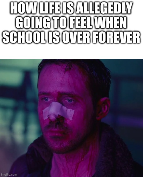 Sad Ryan Gosling | HOW LIFE IS ALLEGEDLY GOING TO FEEL WHEN SCHOOL IS OVER FOREVER | image tagged in sad ryan gosling | made w/ Imgflip meme maker