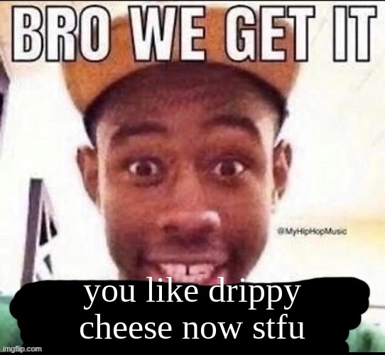 Bro we get it (blank) | you like drippy cheese now stfu | image tagged in bro we get it blank | made w/ Imgflip meme maker