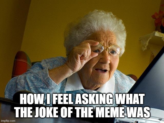 Grandma Finds The Internet Meme | HOW I FEEL ASKING WHAT THE JOKE OF THE MEME WAS | image tagged in memes,grandma finds the internet | made w/ Imgflip meme maker