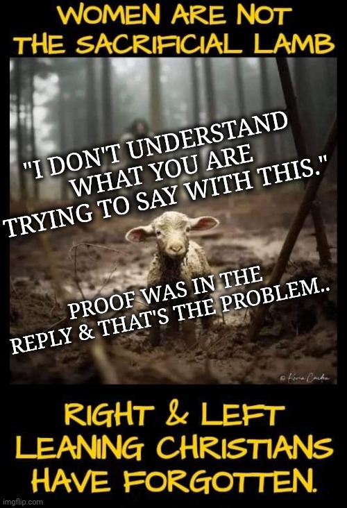 Validated at First Comment | "I DON'T UNDERSTAND WHAT YOU ARE TRYING TO SAY WITH THIS."; PROOF WAS IN THE REPLY & THAT'S THE PROBLEM.. | image tagged in christians,womens rights | made w/ Imgflip meme maker