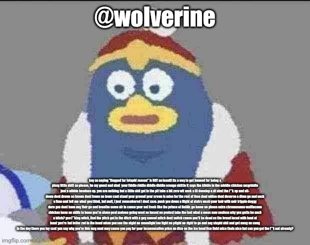 I TYPED ALLAT | @wolverine; hey so saying "flagged for (stupid reason" is NOT an insult! its a way to get banned for being a pissy little shit! so please, be my guest and shut  your fiddle riddle diddle diddle orange skittle it says the bibble in the middle chicken mcgriddle just a nibble headass up. you are nothing but a little shit get in the pit take a bit zero wit suck a tit develop a zit shut the f**k up and sit- down dont drown no brown dont frown no town cant stand your ground your crown is mine for the rest of time dont whine dont deserve a dime go and suck a lime and tell me what you think, but wait, i just remembered i dont care. push you down a flight of stairs wash your hair with nair tripple doggy dare you dont have any flair go and breathe some air in cause your not fresh like the prince of BelAir. go home no phone extra chromosome wafflecone chicken bone no skills to hone you're alone post malone going west no incest no protest take the test what a mess now confess why you gotta be such a bitch? you f**king witch, find the pitch get in the ditch with a guy named mitch dont snitch cause you'll be dead on the bread laced with lead at least you're fed letter zed in the head when you see the night no moonlight too tight no plight no right to go and say stupid shit and get away no sway in the day there you lay cant you say why you're this way aunt may cause you pay for your inconsecutive price no dice on the ice head lice field mice thats nice but can you get the f**k out already? | image tagged in can you dededont | made w/ Imgflip meme maker