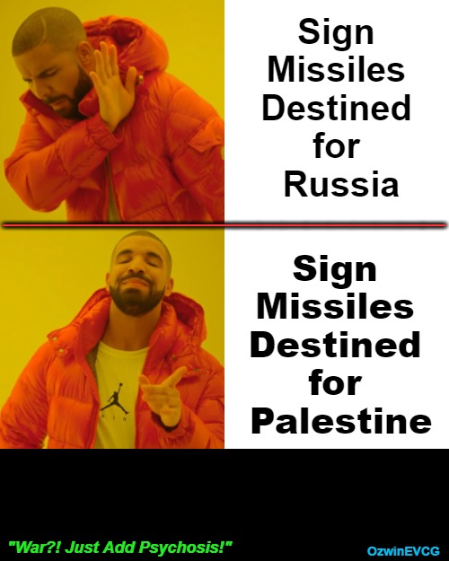 Yes War's Bad But We Can Improve It Through Psychotic Pageantry and Partisanship. | Sign 

Missiles 

Destined 

for 

Russia; ___________________; Sign 

Missiles 

Destined 

for 

Palestine; "War?! Just Add Psychosis!"; OzwinEVCG | image tagged in russia,ukraine,israel,palestine,double standard,peace | made w/ Imgflip meme maker