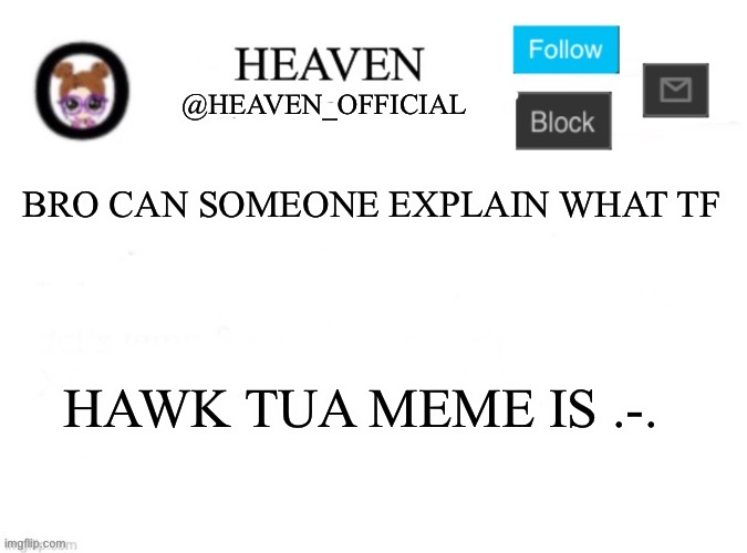 Heaven’s Template | BRO CAN SOMEONE EXPLAIN WHAT TF; HAWK TUA MEME IS .-. | image tagged in heaven s template | made w/ Imgflip meme maker