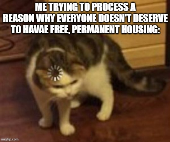 Loading cat | ME TRYING TO PROCESS A REASON WHY EVERYONE DOESN'T DESERVE TO HAVAE FREE, PERMANENT HOUSING: | image tagged in loading cat | made w/ Imgflip meme maker