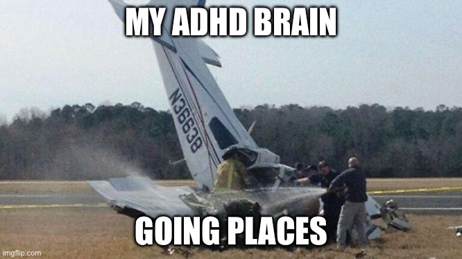 Plane crash | MY ADHD BRAIN; GOING PLACES | image tagged in plane crash,adhd,going places,travel,brain,thinking | made w/ Imgflip meme maker