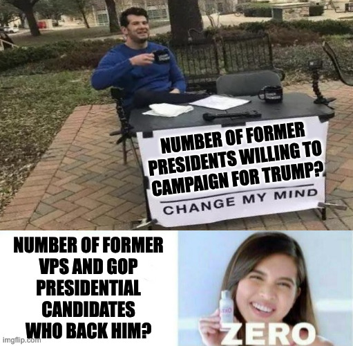 Pimples, Zero! | NUMBER OF FORMER
PRESIDENTS WILLING TO
CAMPAIGN FOR TRUMP? NUMBER OF FORMER
VPS AND GOP
PRESIDENTIAL
CANDIDATES
WHO BACK HIM? | image tagged in pimples zero | made w/ Imgflip meme maker