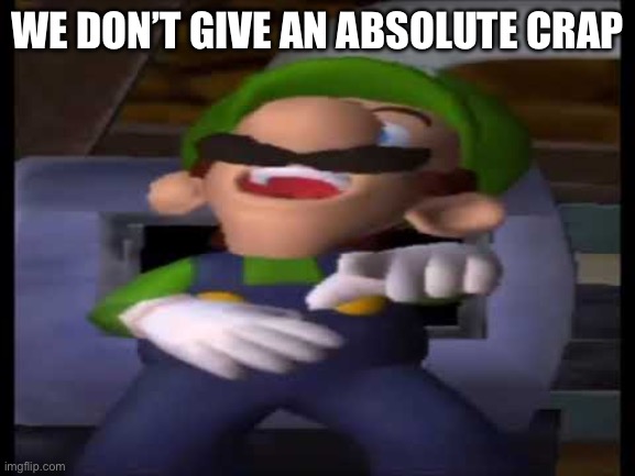 Luigi Laughing | WE DON’T GIVE AN ABSOLUTE CRAP | image tagged in luigi laughing | made w/ Imgflip meme maker