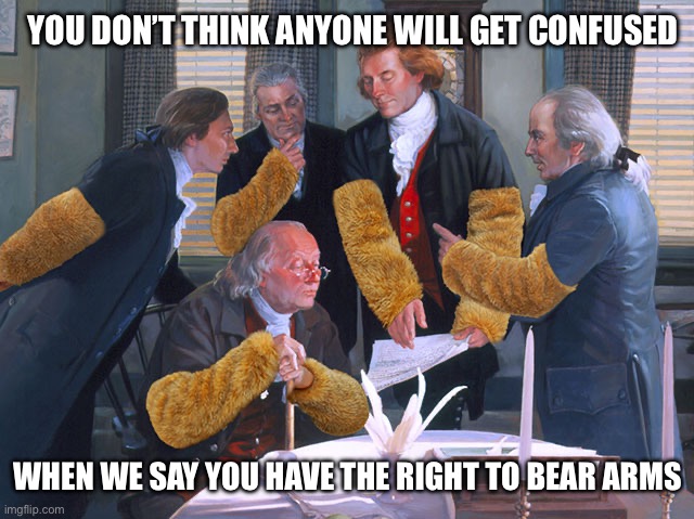 right to bear arms | YOU DON’T THINK ANYONE WILL GET CONFUSED; WHEN WE SAY YOU HAVE THE RIGHT TO BEAR ARMS | image tagged in right to bear arms | made w/ Imgflip meme maker