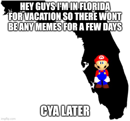 Florida | HEY GUYS I'M IN FLORIDA FOR VACATION SO THERE WONT BE ANY MEMES FOR A FEW DAYS; CYA LATER | image tagged in florida | made w/ Imgflip meme maker