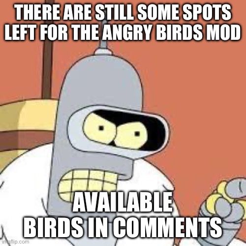 wave 2 | THERE ARE STILL SOME SPOTS LEFT FOR THE ANGRY BIRDS MOD; AVAILABLE BIRDS IN COMMENTS | image tagged in bender blackjack and hookers | made w/ Imgflip meme maker