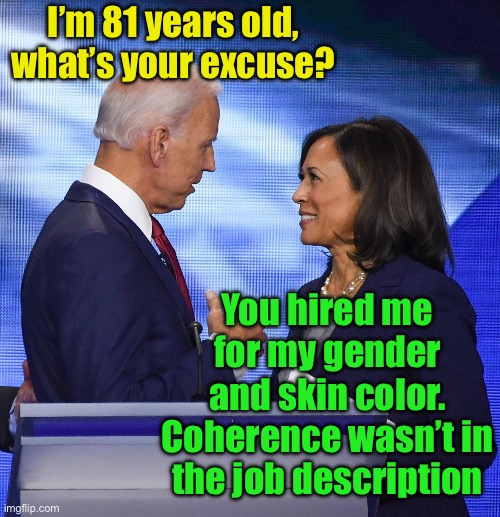 Now, what was the reason Joe dropped out again? | I’m 81 years old, what’s your excuse? You hired me for my gender and skin color.
Coherence wasn’t in the job description | image tagged in biden and kamala,word salad,senile | made w/ Imgflip meme maker