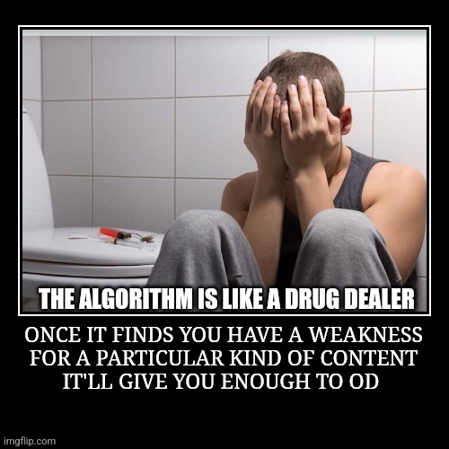 Social media addiction | THE ALGORITHM IS LIKE A DRUG DEALER; ONCE IT FINDS YOU HAVE A WEAKNESS
FOR A PARTICULAR KIND OF CONTENT
IT'LL GIVE YOU ENOUGH TO OD | image tagged in addiction,fun,social media | made w/ Imgflip meme maker