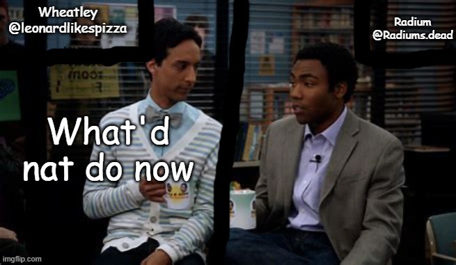 Radium and Wheatley shared template | What'd nat do now | image tagged in radium and wheatley shared template | made w/ Imgflip meme maker