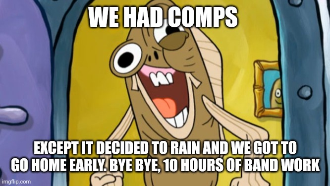 Distortion | WE HAD COMPS; EXCEPT IT DECIDED TO RAIN AND WE GOT TO GO HOME EARLY. BYE BYE, 10 HOURS OF BAND WORK | image tagged in distortion | made w/ Imgflip meme maker