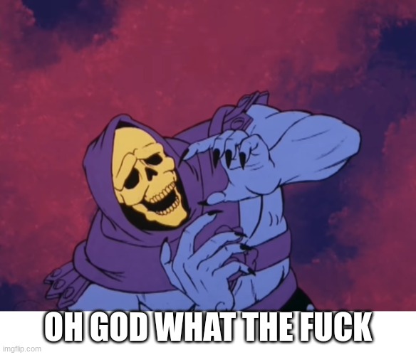 Skeletor Oh God What The Fuck | OH GOD WHAT THE FUCK | image tagged in skeletor oh god what the fuck | made w/ Imgflip meme maker