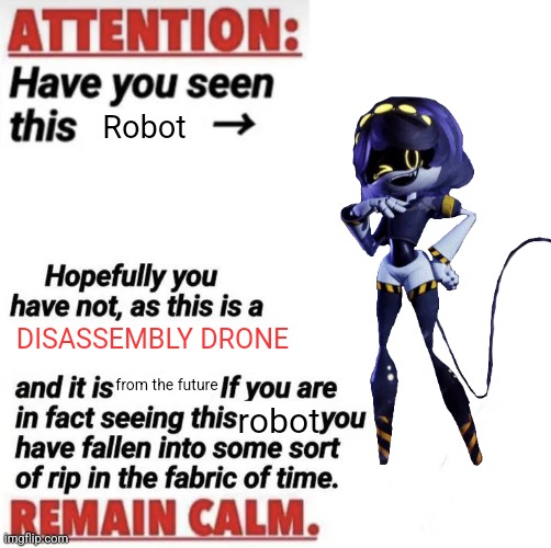 Attention: Have You Seen This [name]? | Robot; DISASSEMBLY DRONE; from the future; robot | image tagged in attention have you seen this name | made w/ Imgflip meme maker