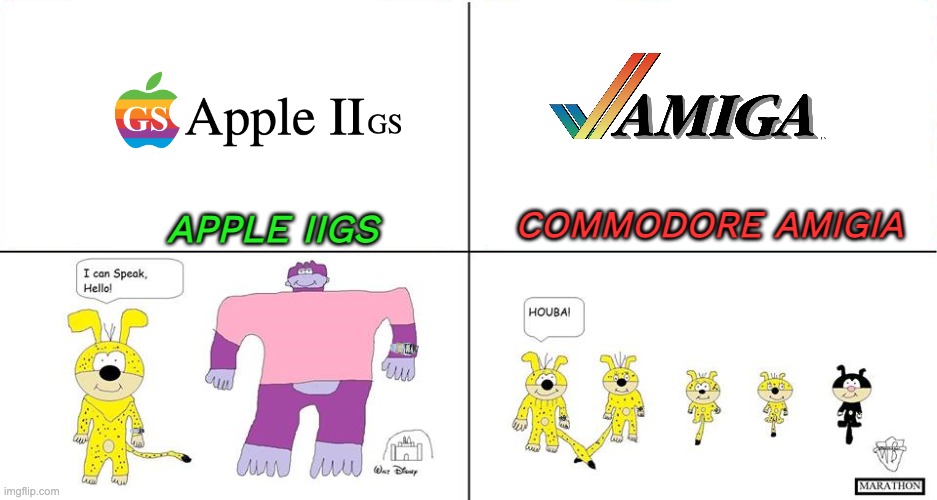 Apple IIGS vs Commodore Amiga | COMMODORE AMIGIA; APPLE IIGS | image tagged in disney version vs marathon version | made w/ Imgflip meme maker