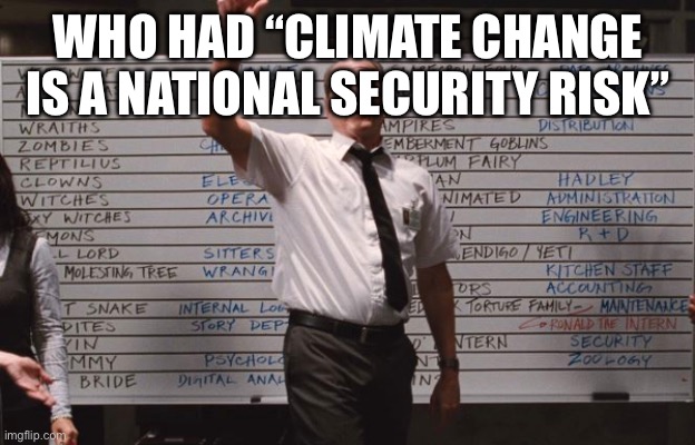 Yahtzee! | WHO HAD “CLIMATE CHANGE IS A NATIONAL SECURITY RISK” | image tagged in cabin the the woods | made w/ Imgflip meme maker