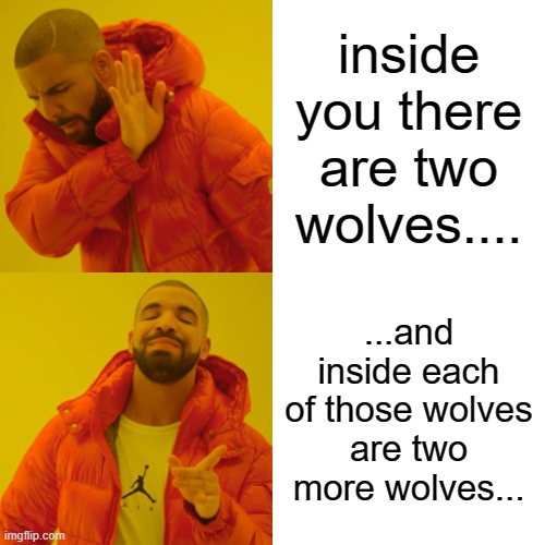 Drake Hotline Bling | inside you there are two wolves.... ...and inside each of those wolves are two more wolves... | image tagged in memes,drake hotline bling | made w/ Imgflip meme maker