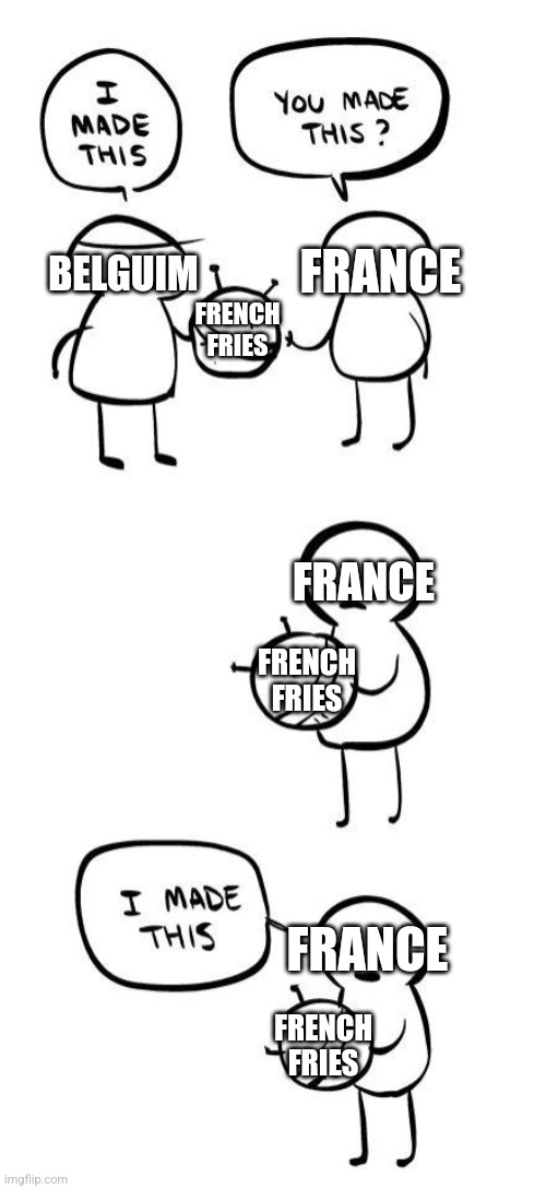 You made this?...I made this | FRANCE; BELGUIM; FRENCH FRIES; FRANCE; FRENCH FRIES; FRANCE; FRENCH FRIES | image tagged in you made this i made this | made w/ Imgflip meme maker