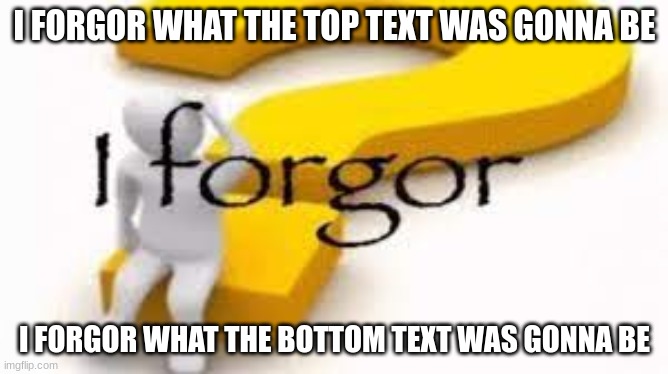 I forgor what the title was gonna be | I FORGOR WHAT THE TOP TEXT WAS GONNA BE; I FORGOR WHAT THE BOTTOM TEXT WAS GONNA BE | image tagged in i forgor,what the tags,was gonna be | made w/ Imgflip meme maker