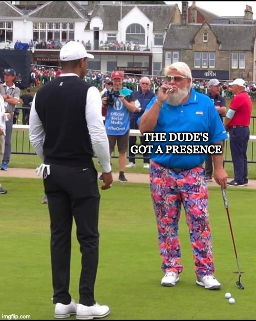 John Daly and Tiger Woods | THE DUDE'S GOT A PRESENCE | image tagged in john daly and tiger woods | made w/ Imgflip meme maker