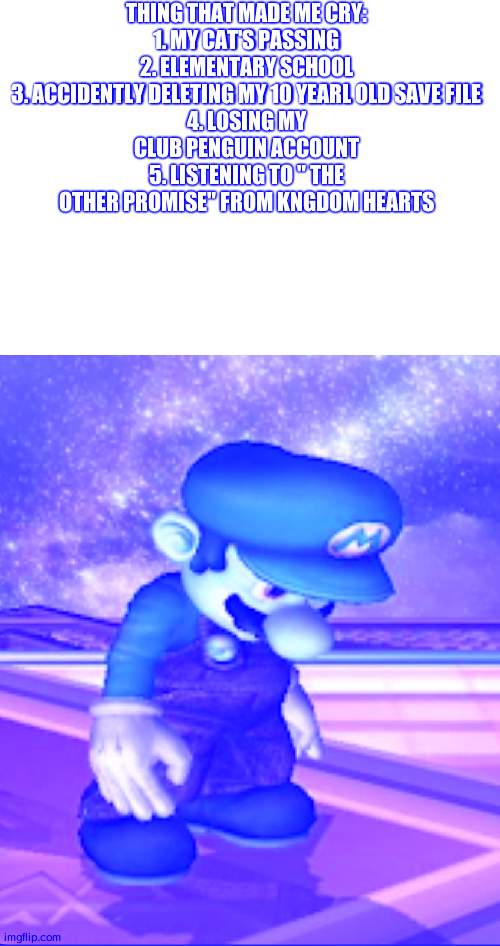 Depressed Mario | THING THAT MADE ME CRY:

1. MY CAT'S PASSING
2. ELEMENTARY SCHOOL
3. ACCIDENTLY DELETING MY 10 YEARL OLD SAVE FILE
4. LOSING MY CLUB PENGUIN ACCOUNT
5. LISTENING TO " THE OTHER PROMISE" FROM KNGDOM HEARTS | image tagged in depressed mario | made w/ Imgflip meme maker