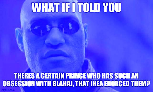 and im not even lying either | WHAT IF I TOLD YOU; THERES A CERTAIN PRINCE WHO HAS SUCH AN OBSESSION WITH BLAHAJ, THAT IKEA EDORCED THEM? | image tagged in memes,matrix morpheus | made w/ Imgflip meme maker