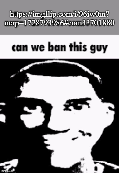 Can we ban this guy | https://imgflip.com/i/96iw0m? nerp=1728793986#com33701880 | image tagged in can we ban this guy | made w/ Imgflip meme maker