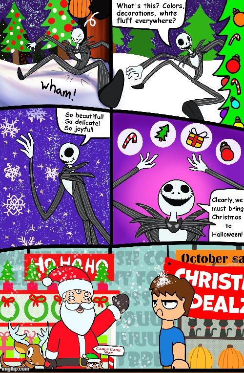 I can see the lyrics for a certain song in the 5th panel | image tagged in the nightmare before christmas,jack skellington,halloween,christmas,grocery store,lol | made w/ Imgflip meme maker