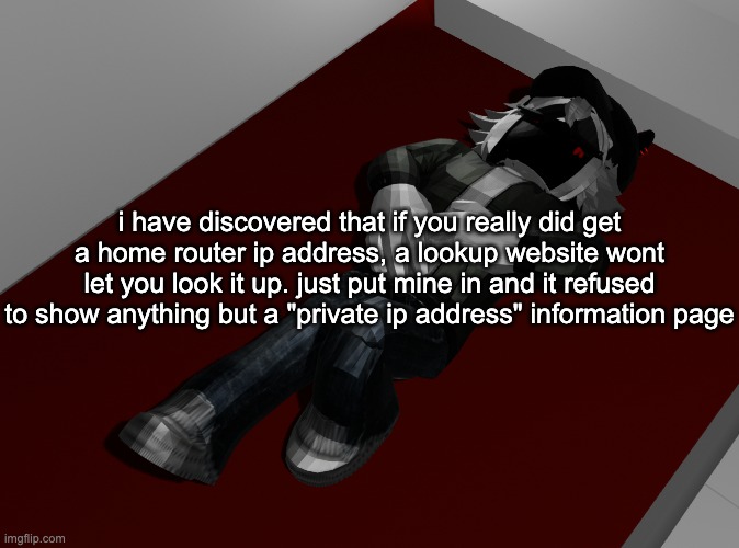 HA | i have discovered that if you really did get a home router ip address, a lookup website wont let you look it up. just put mine in and it refused to show anything but a "private ip address" information page | image tagged in ponder | made w/ Imgflip meme maker