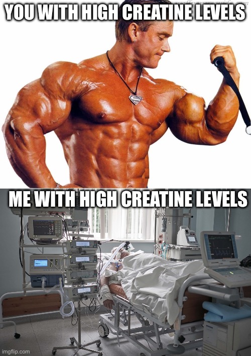 Elevated creatine | YOU WITH HIGH CREATINE LEVELS; ME WITH HIGH CREATINE LEVELS | image tagged in body builder,intensive care,creatine | made w/ Imgflip meme maker