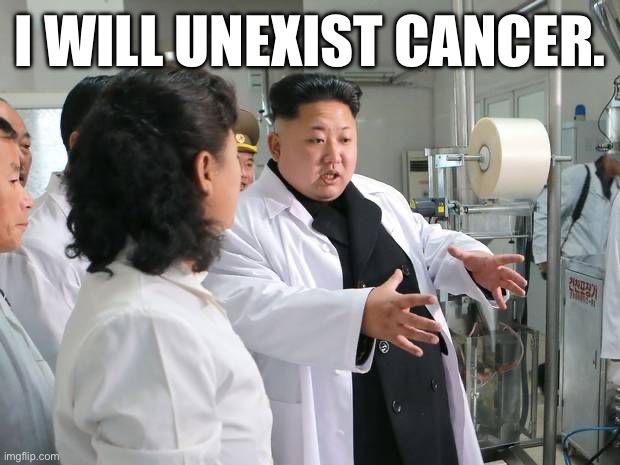 bruh is lying so hard | I WILL UNEXIST CANCER. | image tagged in kim jong-un claims to have cured aids ebola and cancer with sin | made w/ Imgflip meme maker