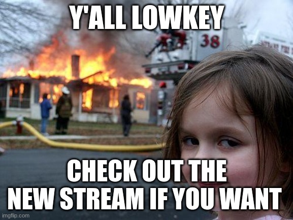 https://imgflip.com/m/findyourlovept2 | Y'ALL LOWKEY; CHECK OUT THE NEW STREAM IF YOU WANT | image tagged in memes,disaster girl | made w/ Imgflip meme maker