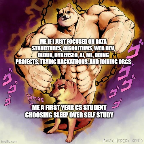 JoJo Doge Vs Cheems | ME IF I JUST FOCUSED ON DATA STRUCTURES, ALGORITHMS, WEB DEV, CLOUD, CYBERSEC, AI, ML, DOING PROJECTS, TRYING HACKATHONS, AND JOINING ORGS; ME A FIRST YEAR CS STUDENT CHOOSING SLEEP OVER SELF STUDY | image tagged in jojo doge vs cheems | made w/ Imgflip meme maker