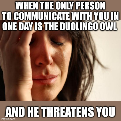 Gotta find some friends | WHEN THE ONLY PERSON TO COMMUNICATE WITH YOU IN ONE DAY IS THE DUOLINGO OWL; AND HE THREATENS YOU | image tagged in memes,first world problems,duolingo bird,threatens,oh wow are you actually reading these tags | made w/ Imgflip meme maker