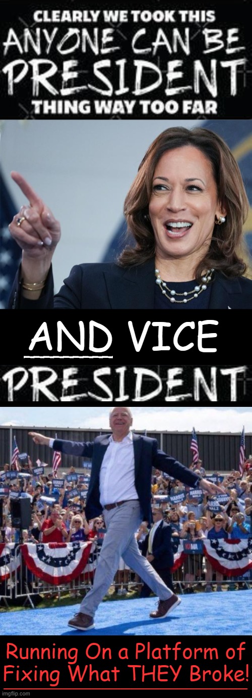 Summation of WHERE WE ARE TODAY | AND VICE; _________; Running On a Platform of
Fixing What THEY Broke! _________________________ | image tagged in anyone can be president,kamala harris,tim walz,the odd couple,in a nutshell,political humor | made w/ Imgflip meme maker