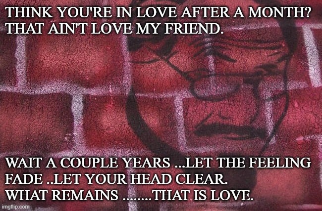 Love | THINK YOU'RE IN LOVE AFTER A MONTH?
THAT AIN'T LOVE MY FRIEND. WAIT A COUPLE YEARS ...LET THE FEELING
FADE ..LET YOUR HEAD CLEAR. 
WHAT REMAINS ........THAT IS LOVE. | image tagged in love,relationships,marriage,decisions,emotions,life | made w/ Imgflip meme maker