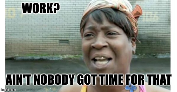 ain't nobody got time for that | WORK? AIN'T NOBODY GOT TIME FOR THAT | image tagged in ain't nobody got time for that | made w/ Imgflip meme maker