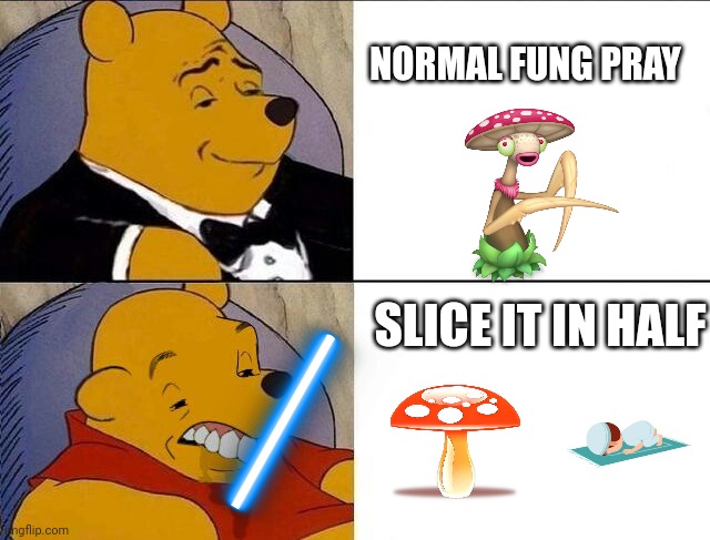 Seems more insanity wolfish to me.... | NORMAL FUNG PRAY; SLICE IT IN HALF | image tagged in tuxedo winnie the pooh grossed reverse,colorfuelstudio,my singing monsters,toe jammer,fung pray | made w/ Imgflip meme maker