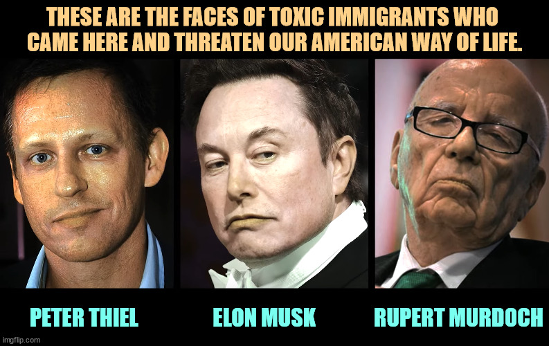 The immigrant billionaires who press Trump's buttons. BTW, Musk was an illegal. | THESE ARE THE FACES OF TOXIC IMMIGRANTS WHO 
CAME HERE AND THREATEN OUR AMERICAN WAY OF LIFE. PETER THIEL                  ELON MUSK              RUPERT MURDOCH | image tagged in toxic,immigration,trump,peter thiel,elon musk,rupert murdoch | made w/ Imgflip meme maker